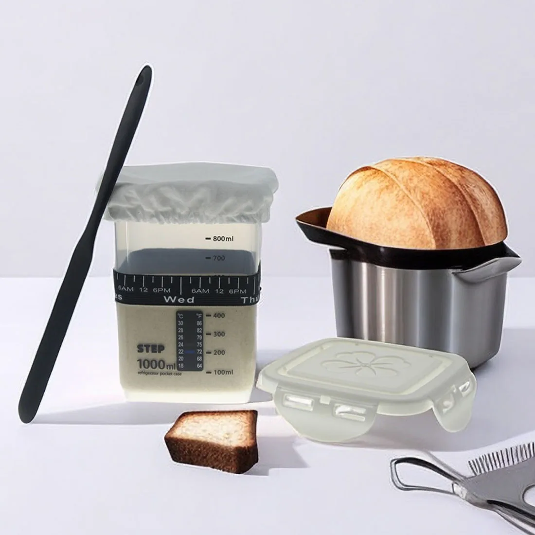 Ihvewuo 7pcs G4 Glass Sourdough Starter Jar Kit With Scale Thermometer Paper 900ml Temperature Resistant Container Wooden Lid Cloth Cover Reusable Wide Mo