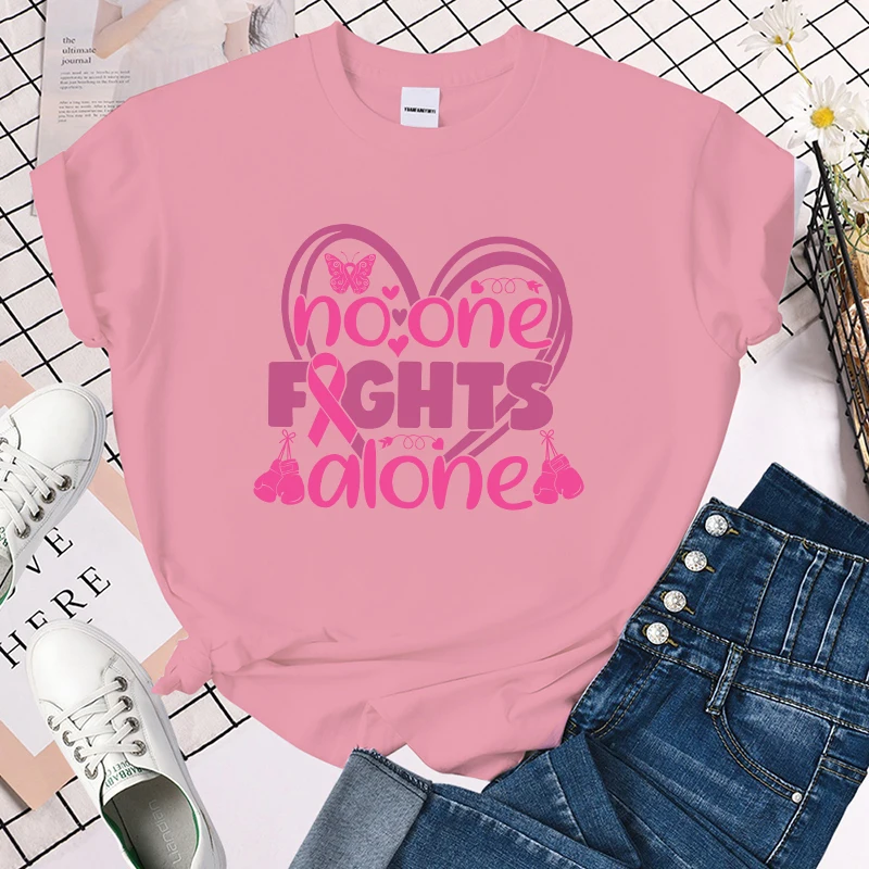 

(Premium T-shirt)Hot Sales Breast Cancer Awareness No One Fights Alone T Shirts Women Summer Cool Short Sleeves Personality tops