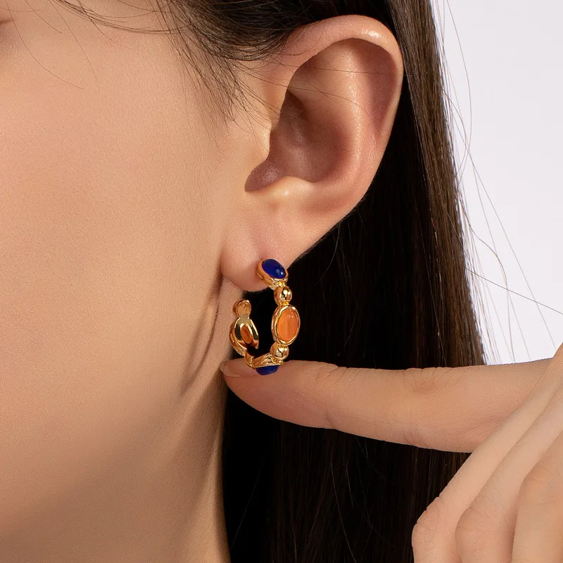 

Винтажные серьги с надписью C, красочные серьги с опалом с фотоэлементом, серебряные серьги-гвоздики для женщин