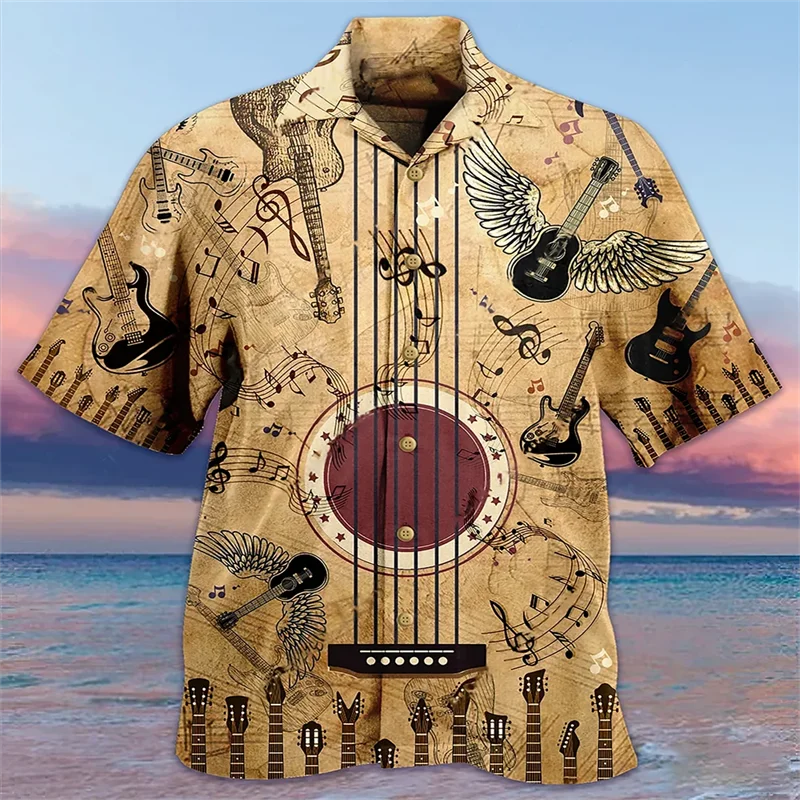 thumbnail image 1 of Camisa hawaiana de moda con estampado 3D de instrumento, piano y guitarra, blusa de fiesta en la playa con solapa de manga corta, ropa para hombre, tops de gran tamaño, 1 of 4