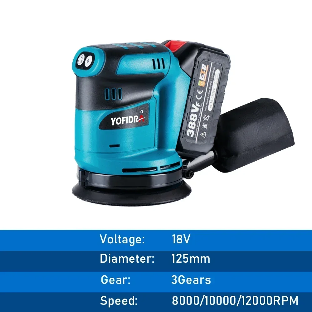125mm 3Speed Random Orbital Electric Sander Wood Grinder Polishing Grinding Sanding Machine 21V 18V Battery Tool