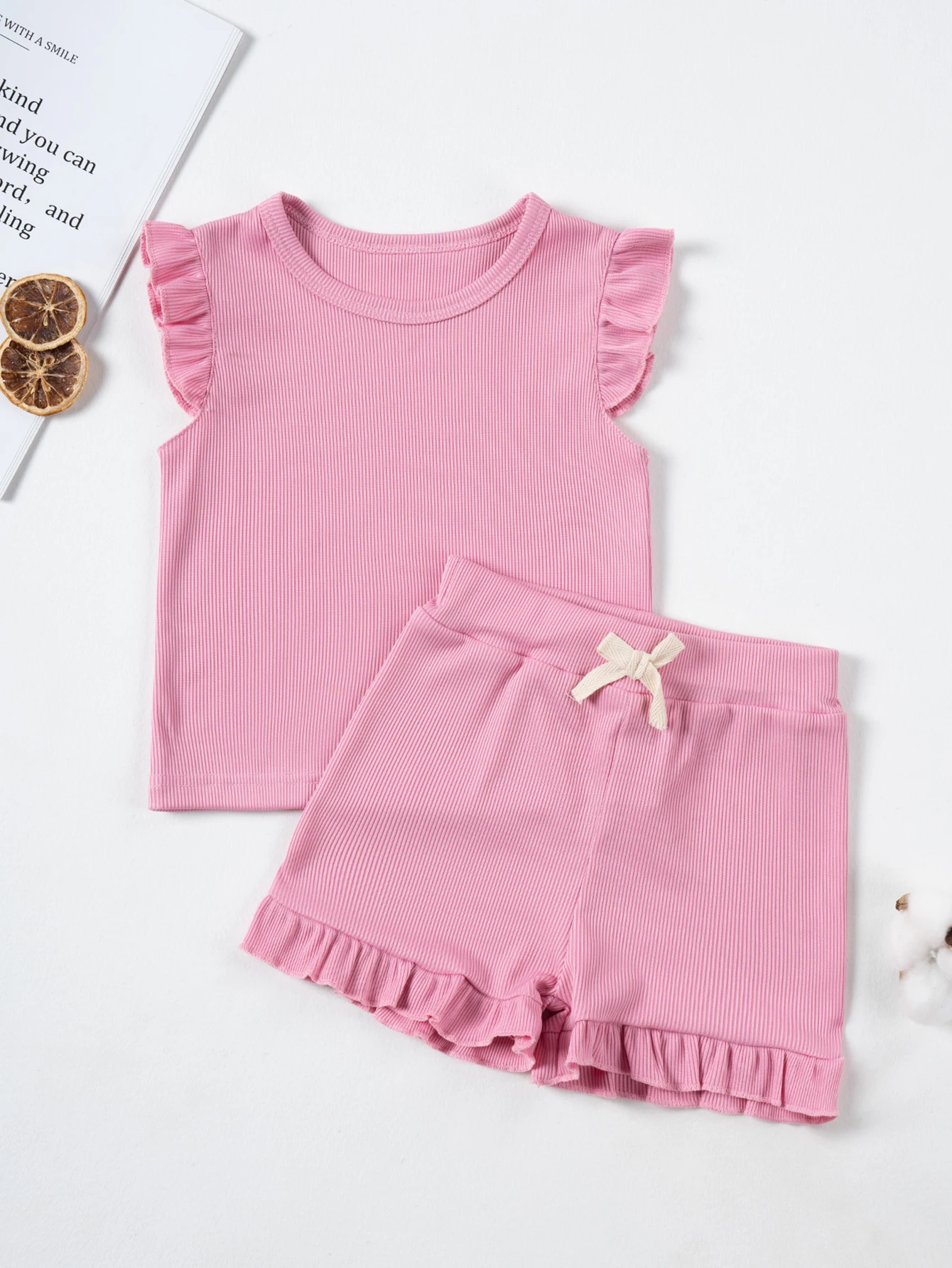 Sommer Einfarbig Kleinkind Ärmelloses Set Mädchen Dash Sleeve Top + Shorts Elastische Taille Kleidung Set 2 stücke Rüschen Kinder kleidung – Detail 18