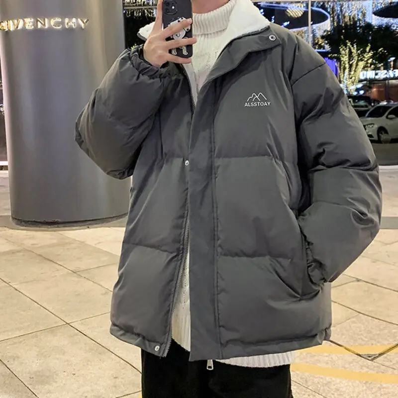 

Winter Fleece Coat Warm Parkas Men's Loose Trendy Thicked Zipper Parka Jacket Plush Stand Collar Male Embroidery Wind Breaker
