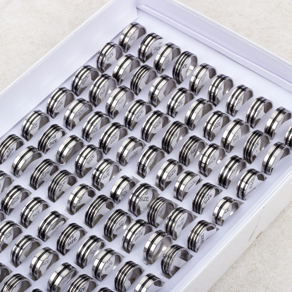 Hot 50/100Pcs Mixed Stainless Steel Black Stripe Rings Wholesale Bulk Men Women Wedding Ring Jewelry Gifts17-21mm Lots 4