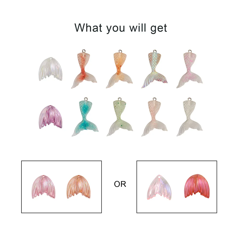 32pcs Resin Mermaid Tail Charms Fishtail Flatback Acrylic Pendant with Glitter Powder for Earring Necklace DIY Jewelry Making