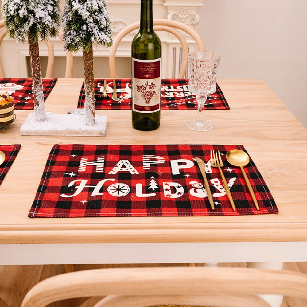 Merry Christmas Placemat Plaid Printed Decorations Tableware Pad Table Mat Napkins Xmas Tablecloth Dining Table Home Decor