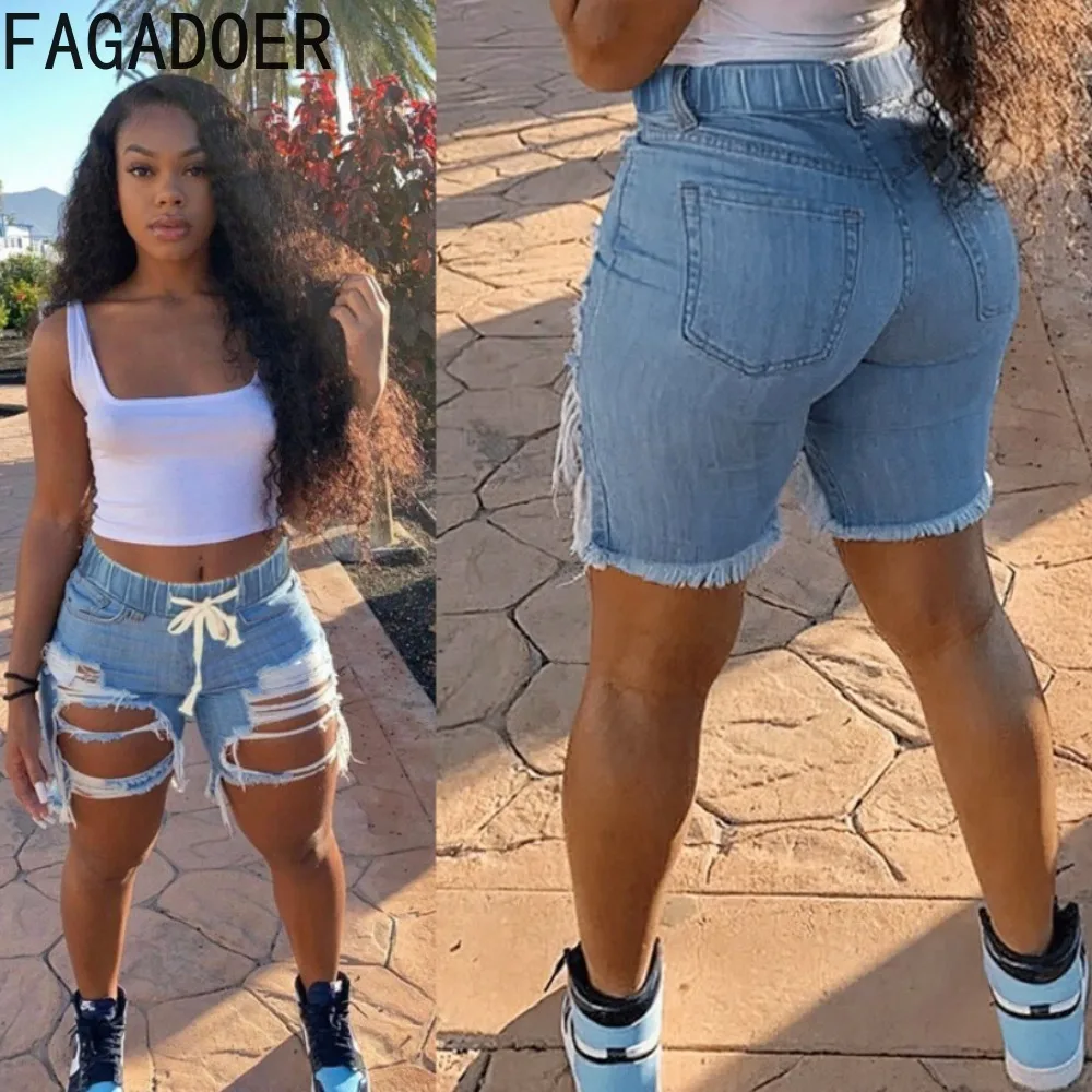 FAGADOER Fashion Streetwear Women High Waist Drawstring Lace Up Hole Denim Shorts Casual Female Elasticity Skinny Shorts Bottoms