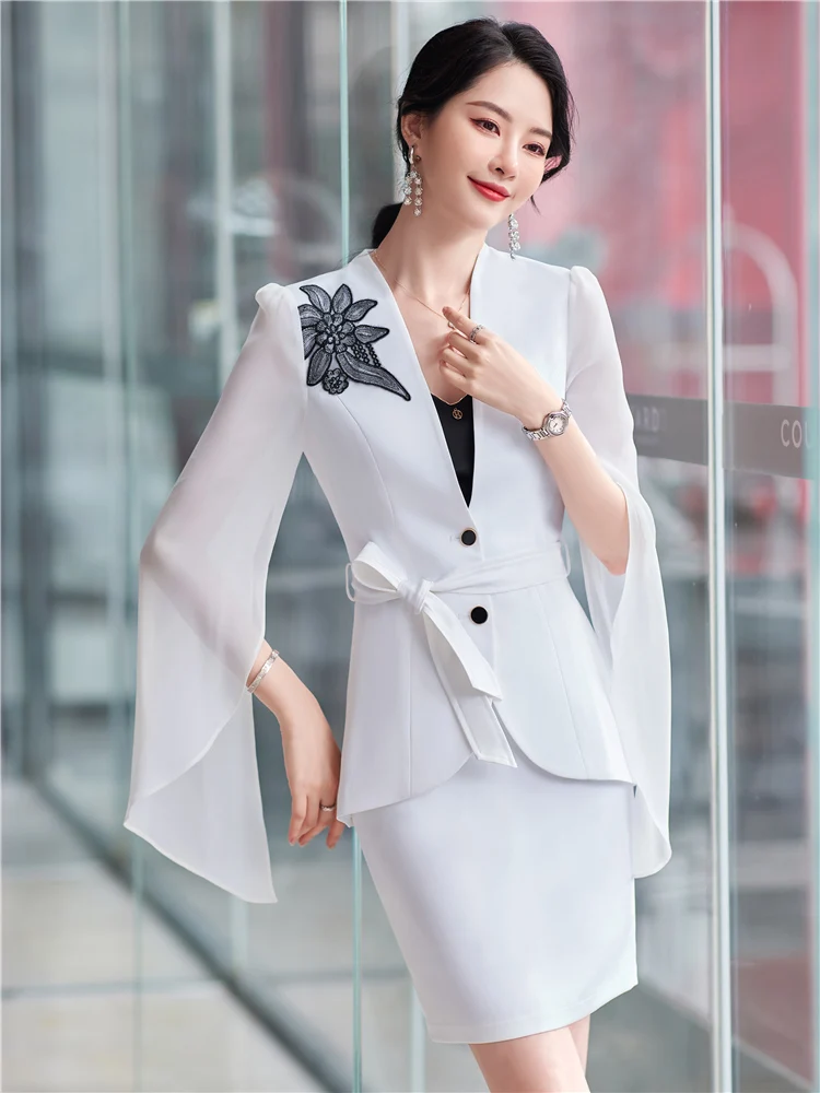 Women Elegant Blazer and Skirt Suit  2 Pieces Sets Shawl Collar Split Sleeve Office Lady Party Dinner Workwear New  Spring