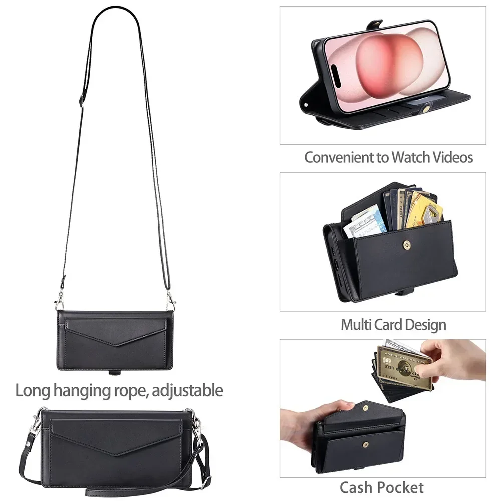 Versatile Multi Card Slots Wallet Case with Strap and Cash Pocket, Flip Cover Design