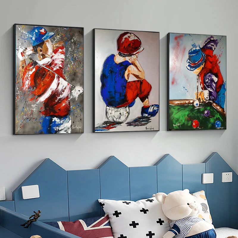 Little Boy Seduto Su Un Calcio Pensando Su Tela Poster D'Arte Ragazzi Che Giocano A Golf Immagini Da Parete Boy Kid Room Decorazioni Per La Casa Pittu