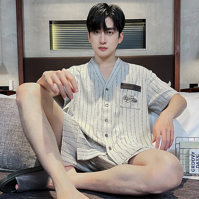 V 넥 기모노 코튼 잠옷 남성용 여름 반팔 반바지 잠옷 세트 어린 소년 Simple Homewear 빅 사이즈 L-3XL Pijamas
