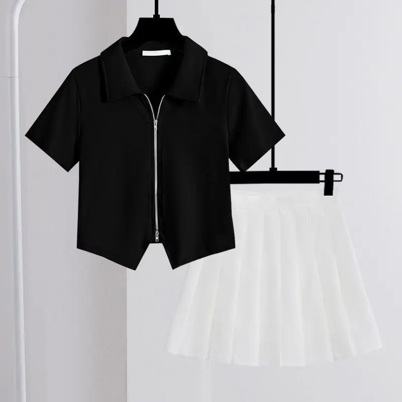 Summer fashion polo collar design with double zipper T-shirt slim fit short sleeved top and pleated skirt two-piece set