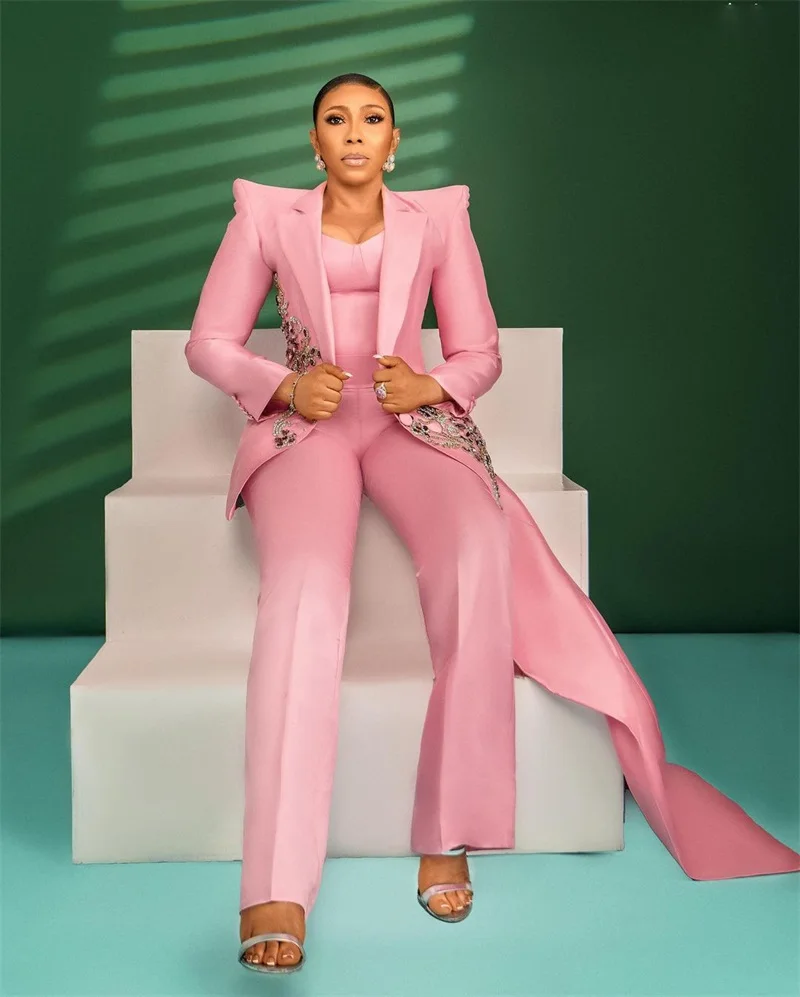 Crystals Satin Women Suits Set Blazer+Pants 2 Pcs Appliqued Jacket Irregular Hem Long Tail Formal Prom Dress Coat Customized women suit set women suits sets