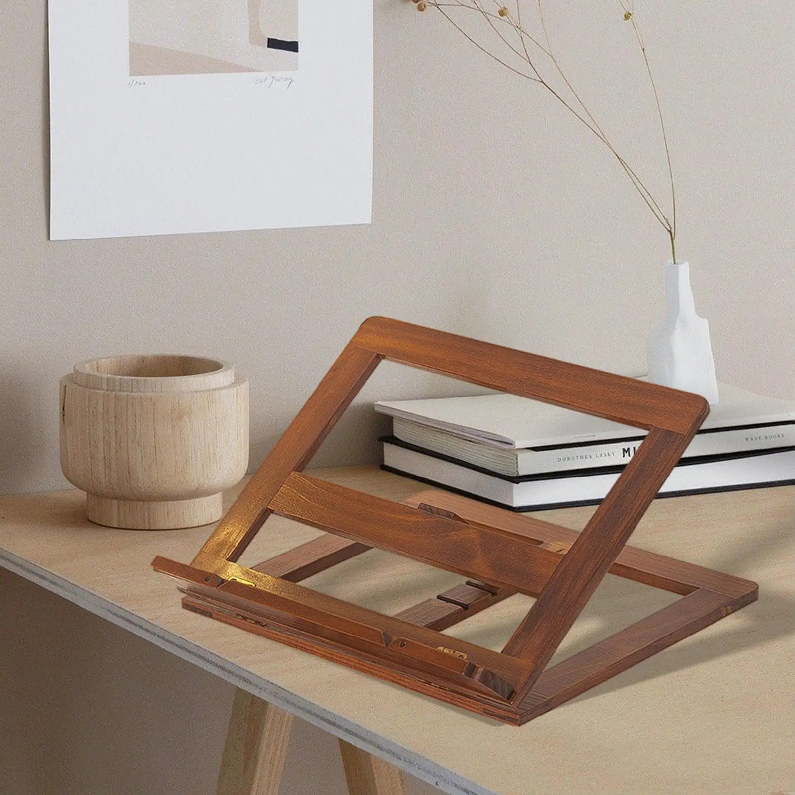 Wood Book Stand Folded Bookend Tray Reading Rack for Kitchen Table Textbook