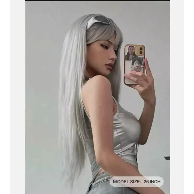진짜 머리 새로운 패션 글래머 여성 실버 스트레이트 인간의 머리 가발 26In
