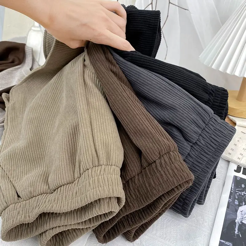DAYIFUN-Oversized Corduroy Shorts for Women High Waisted Wide Leg Pants Casual Short Pants Lady Monochromatic Autumn Winter 2024