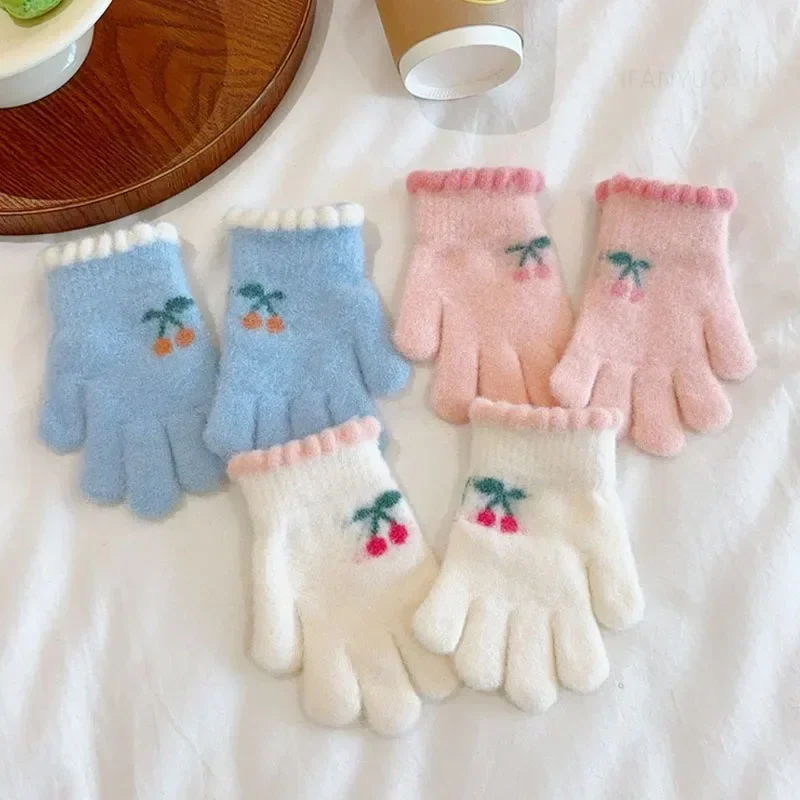 Korean Sweet Cherry Children Kids Warm Gloves Winter Windproof Thicken Boys Girls Kids Cycling Mittens Cute Fashion Baby Gloves 2
