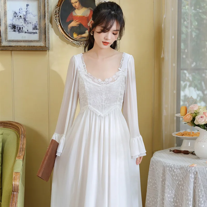 

French Court Style Long Nightgown Lady Princess Style Home Pj Women's Solid Modal Lace Pajamas Nightdress Dress Sleepwear