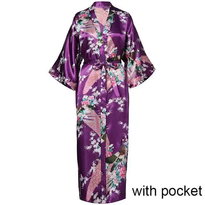 Women Long Robe Pocket Wedding Bride Bridesmaid Dressing Gown Rayon Kimono Bathrobe S-XXXL Night Dress