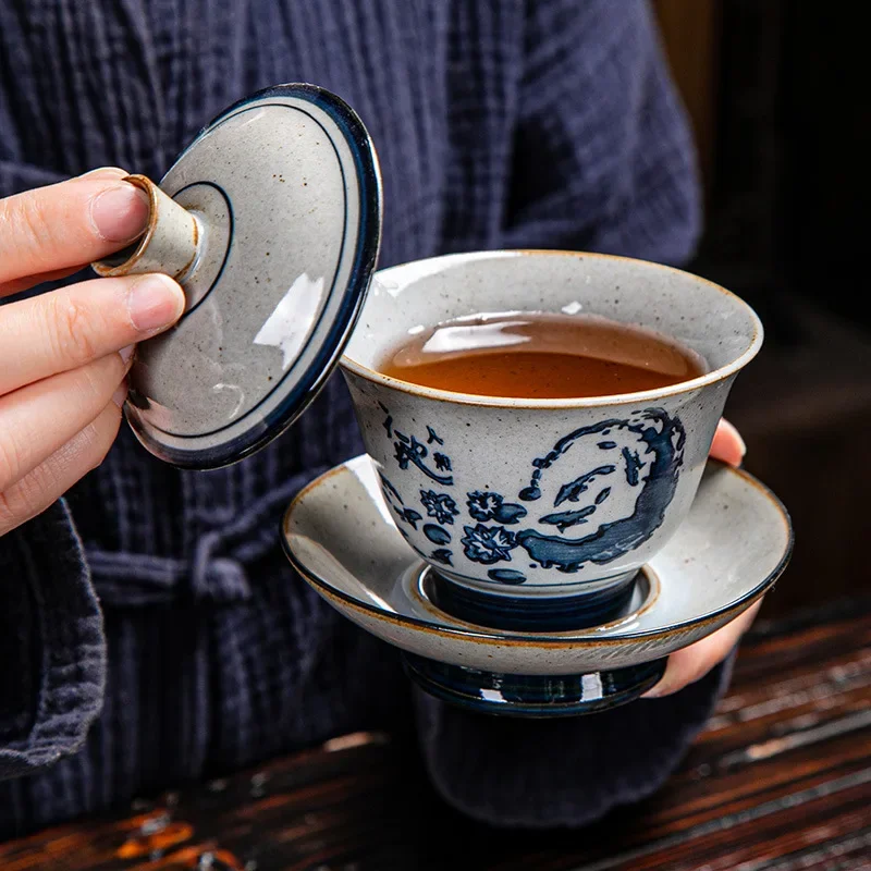 Vintage Firewood Hand Painted Gaiwan Ceramic Blue and White Ceremony Bowl Kung Fu Tea Set Stoneware Brewing Cover Tureen Tea Set