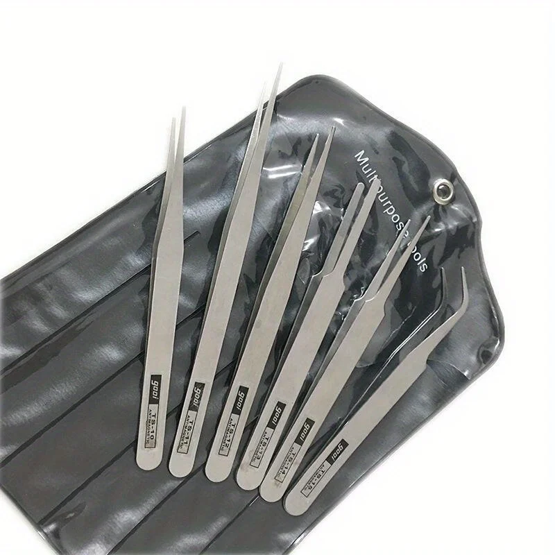 Stainless Steel Tweezers Repair Tool 6Pcs Industrial Precision Bent Straight