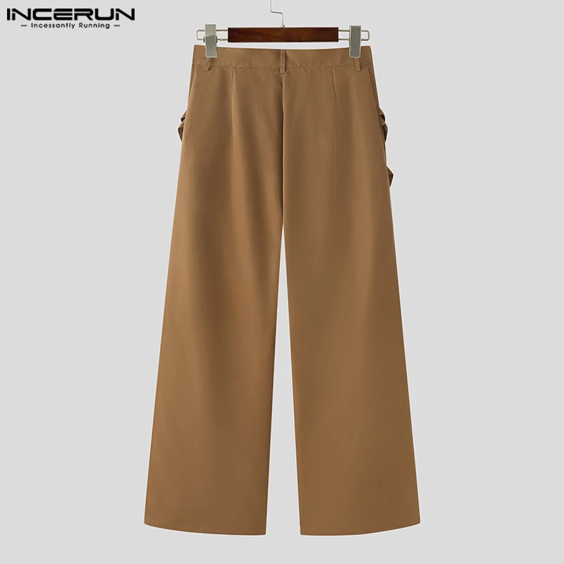 INCERUN 2024 Korean Style Trousers Fashion Mens Personality Tie Belt Decorative Pants Casual Street Straight Leg Pantalons S-5XL