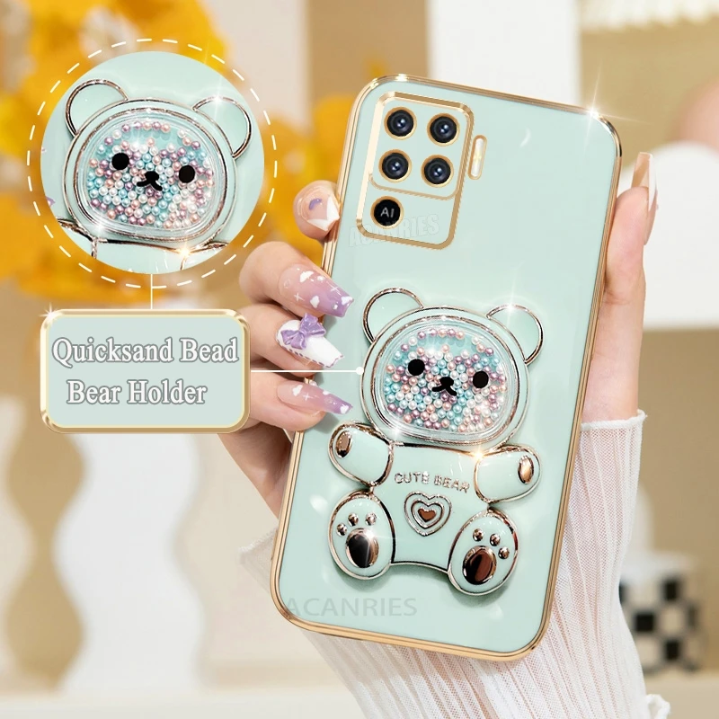 Cute Plating Quicksand Bear Stand Silicone Case