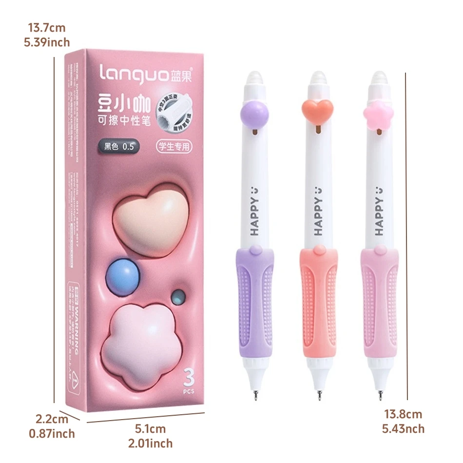 3pcs Happy Beans Gel Pens Set Ergonomical Triangle Grip Erasable Black Color Ink 0.5mm Ballpoint for Writing School A7682 5