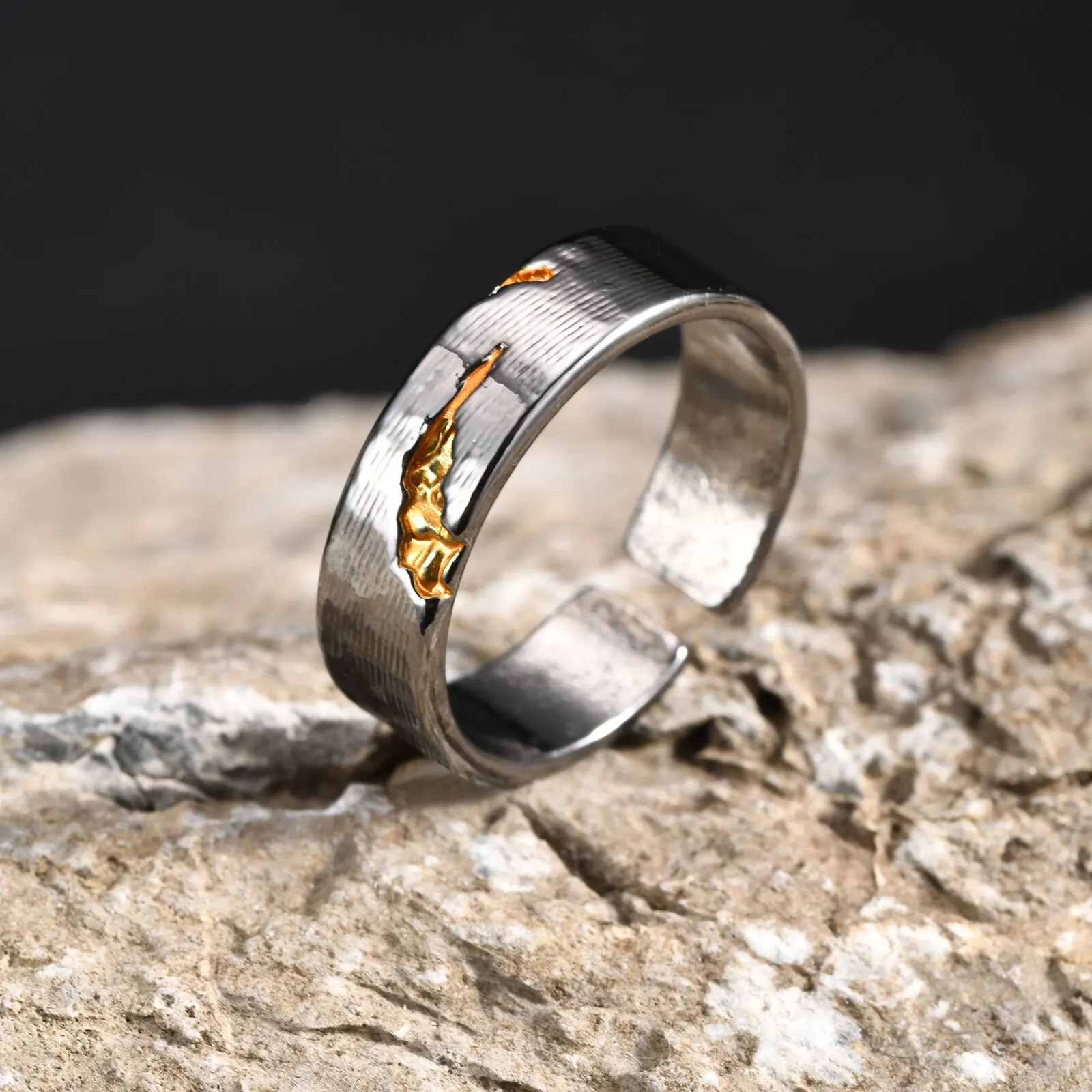 Retro-Ring aus grauem Metall für Männer und Jungen, offener Ring mit goldenem Blitz, Vintage-Punk-Schmuckgeschenke – Detail 6