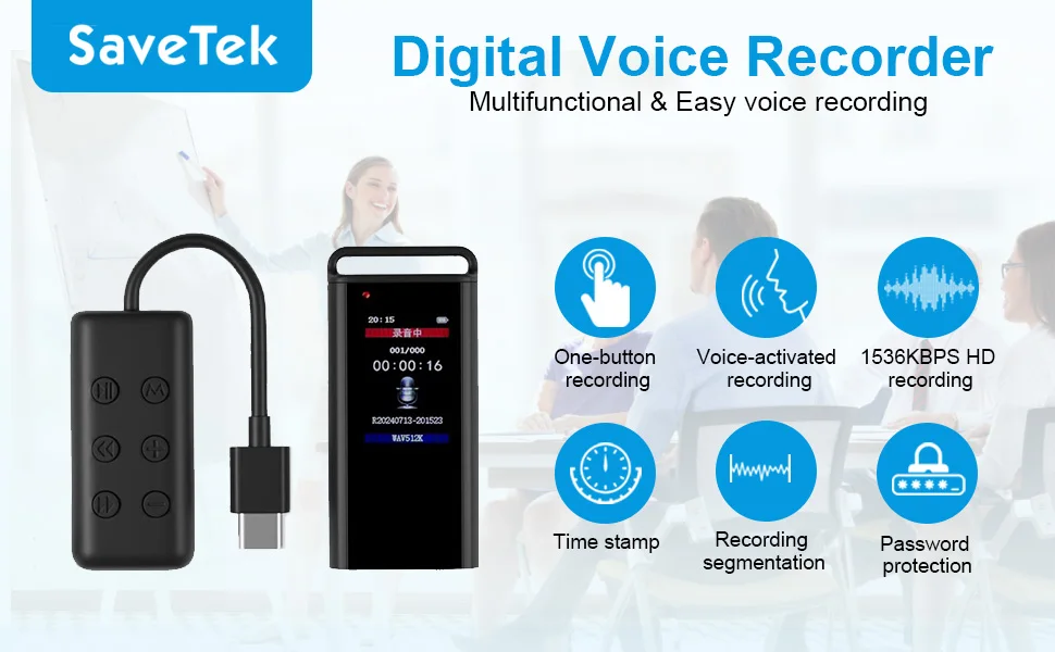 USB C ses kaydedici kalem ön ve arka görünüm