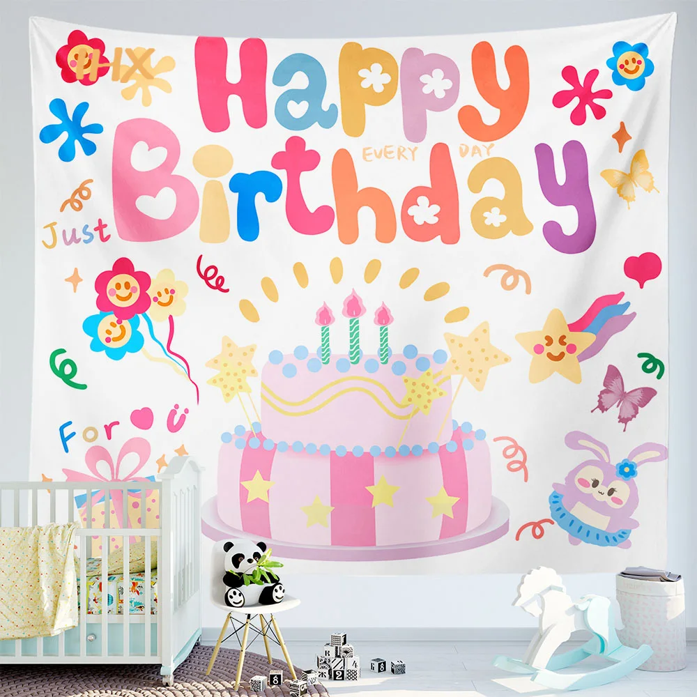 Happy Birthday Background Tapestry Cloth Kawaii Children&rsquo;s Room Wall Decoration Girls Dormitory Cartoons Dormit Home Party Decor tapestry decor