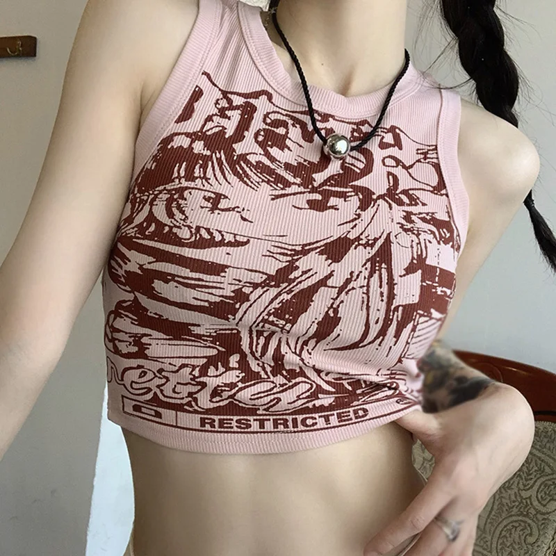 

Women Crop Top Expose Navel Cartoon Print American Retro Dopamine Slim Casual Sports Sleeveless Summer Vest
