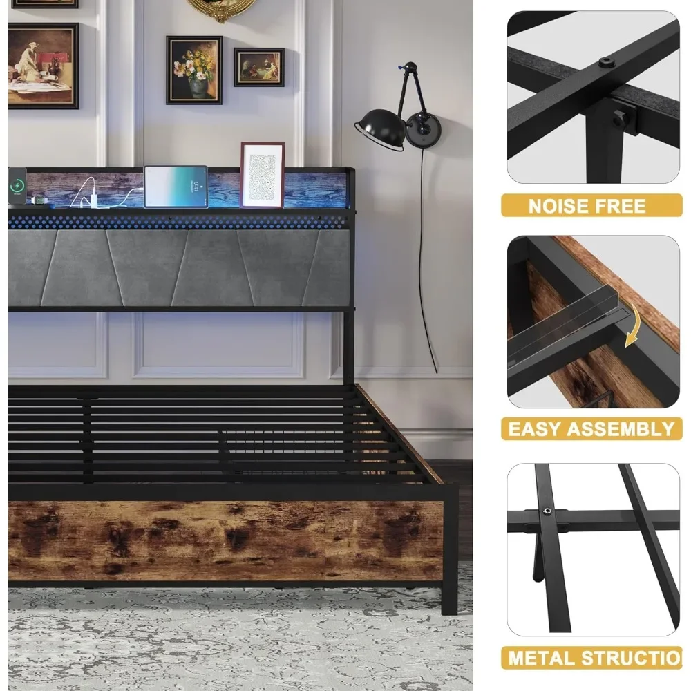 Queen Size Bed Frame with Storage Headboard and Charging Station, 4 Storage Drawers, LED Lights, Metal Support, Bed Frame 5