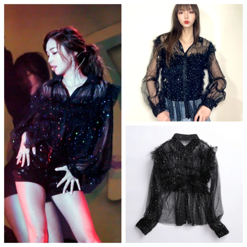 Kpop Korean Singer Black Sexy Perspective Sequin Mesh Shirts Elegant Lady Long Sleeve Turn Down Collar Tops Women Office Blouses women s elegant evening party dresses long sleeved v neck daily work fashion sequin mesh patchwork lantern sleeve skinny dress