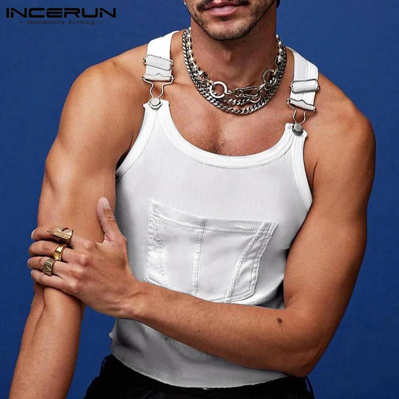 Fashion Men Tank Tops O-neck Solid Color Sleeveless Pockets Suspender ...