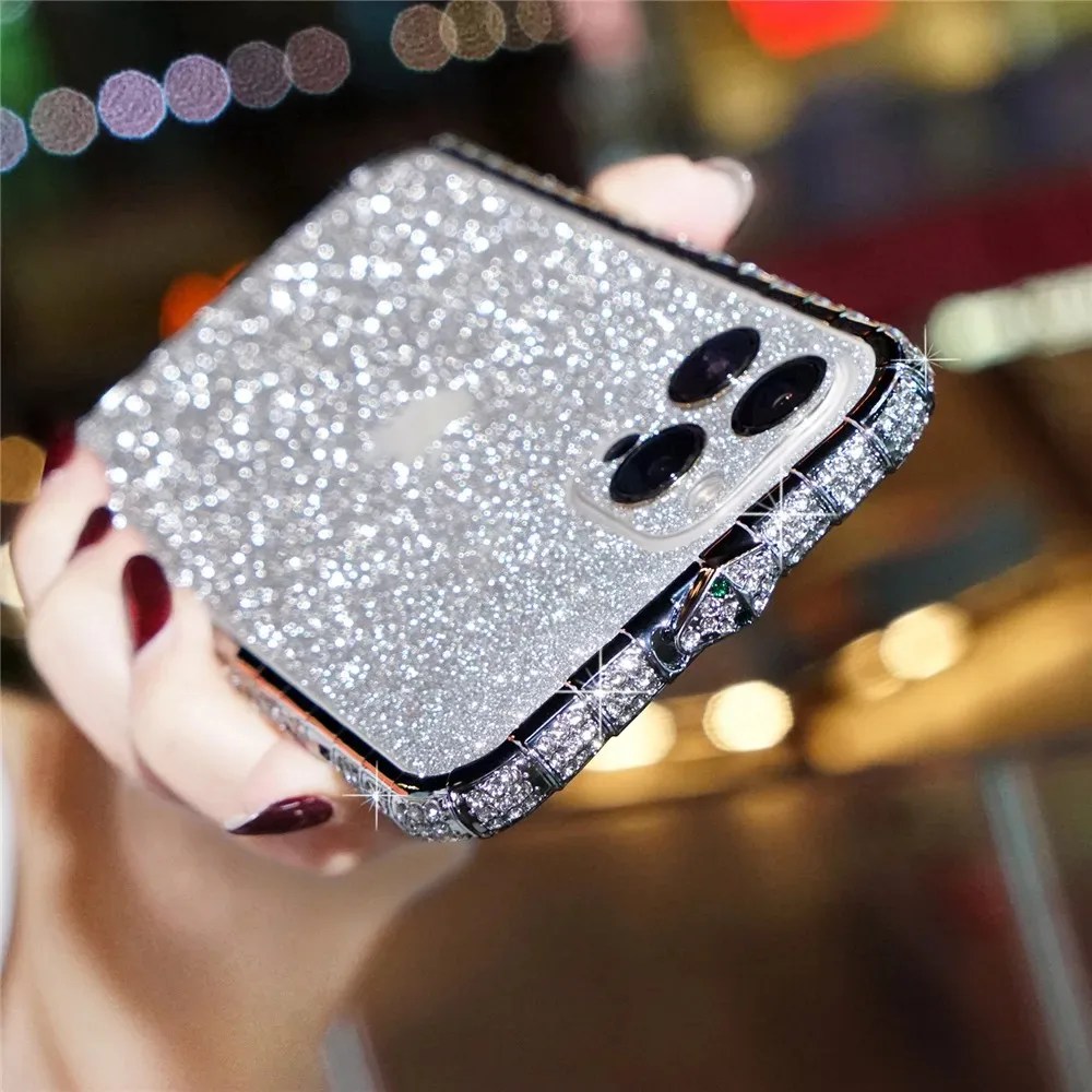 iPhone Case Bling Rhinestone Diamond Metal Bumper Phone Case For iPhone 15 Plus 14 13 12 11 Pro XS Max XR X 8 Glitter Powder Back Film Cover