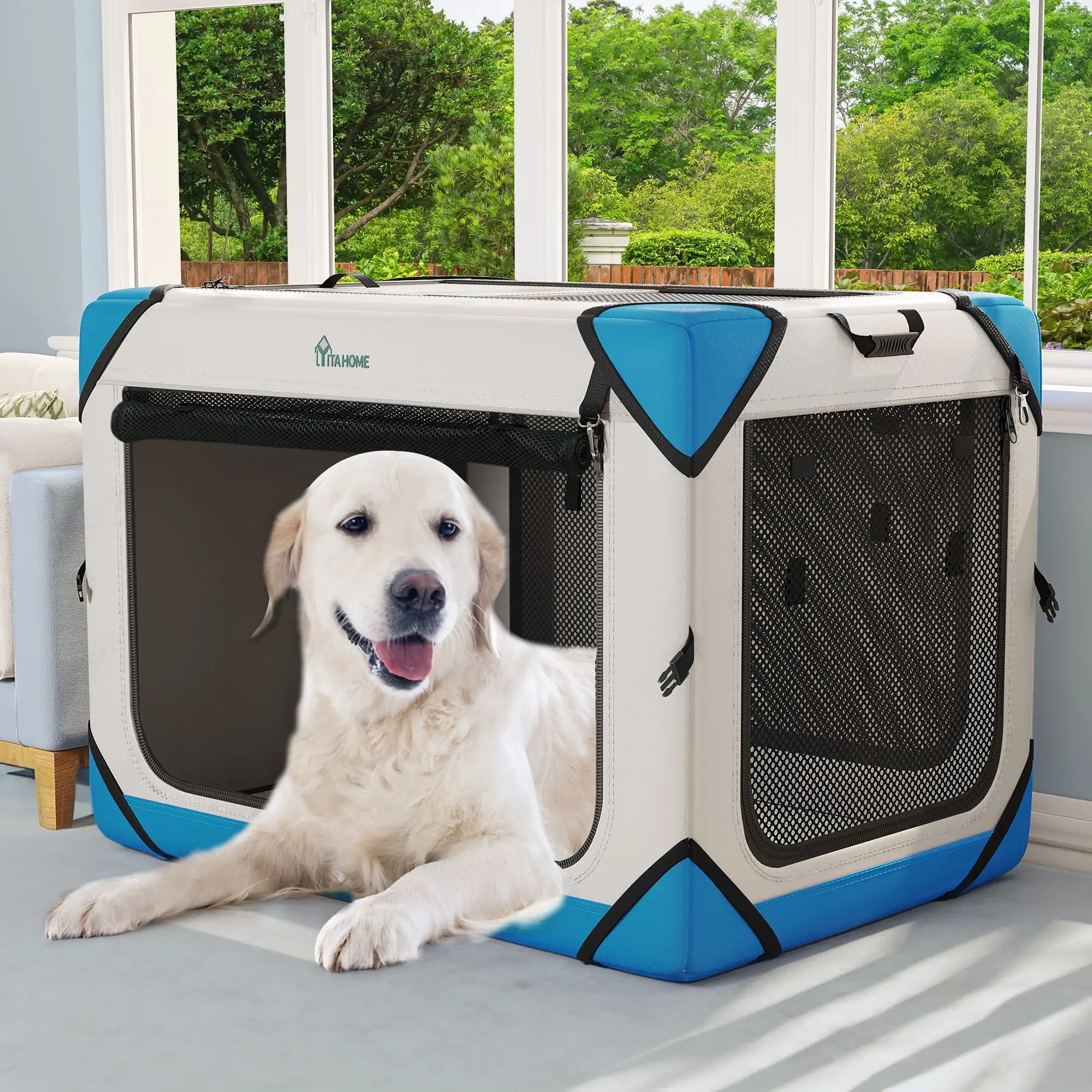 

Dextrus Portable Dog Travel Crate, Collapsible Dog Crate with 4 Doors and Sturdy Mesh Windows, Soft Dog Kennel