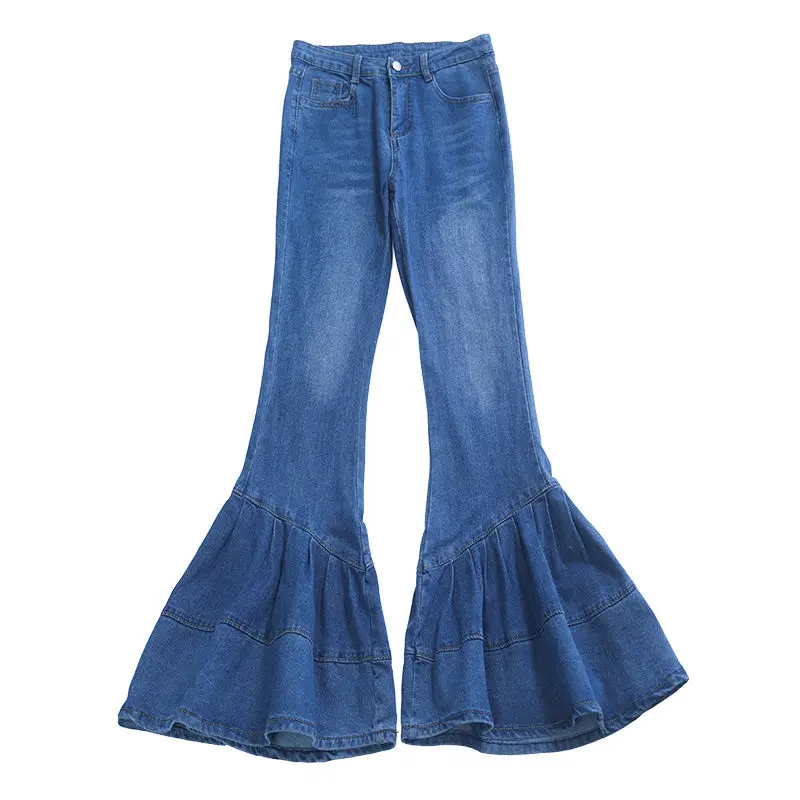 Summer Fashion Korean Flare Jeans Women Solid Wash Bleached Button Zipper Pockets Fashion Elegant Simple Slim Straight Pants