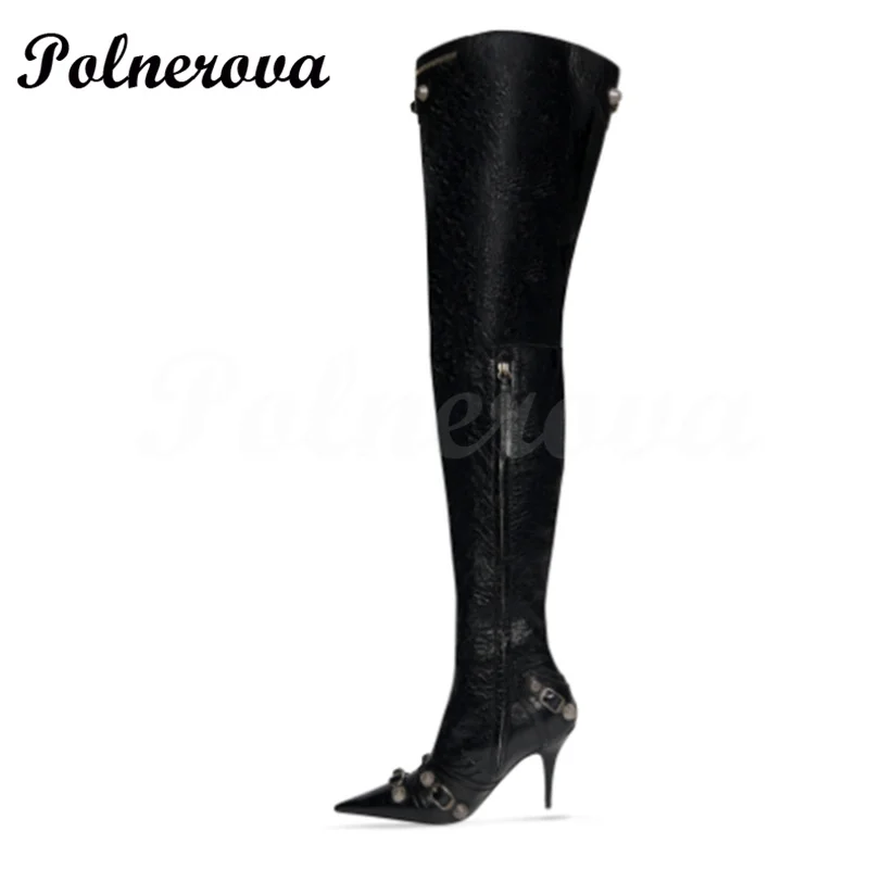 Rivet Pin Buckle Pointed Toe Over-The-Knee Boots Fpr Women Stiletto Super High Heel Side Zipper Large Size High Heels Booties