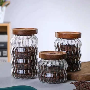 Wood Lid Striped Glass Storage Bottles Sealed Jar Tea Coffee Beans Grains Candy Jars Organizer Kitchen Food Glass Containers 1