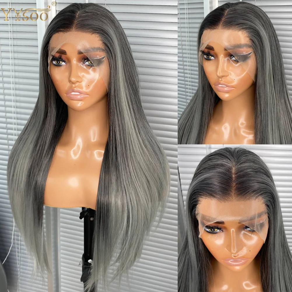 

Long Black/Gery Mixed Color 13x4 Futura Synthetic Lace Front Wig Silky Straight Natural Hairline Glueless Half Hand Tied Wig