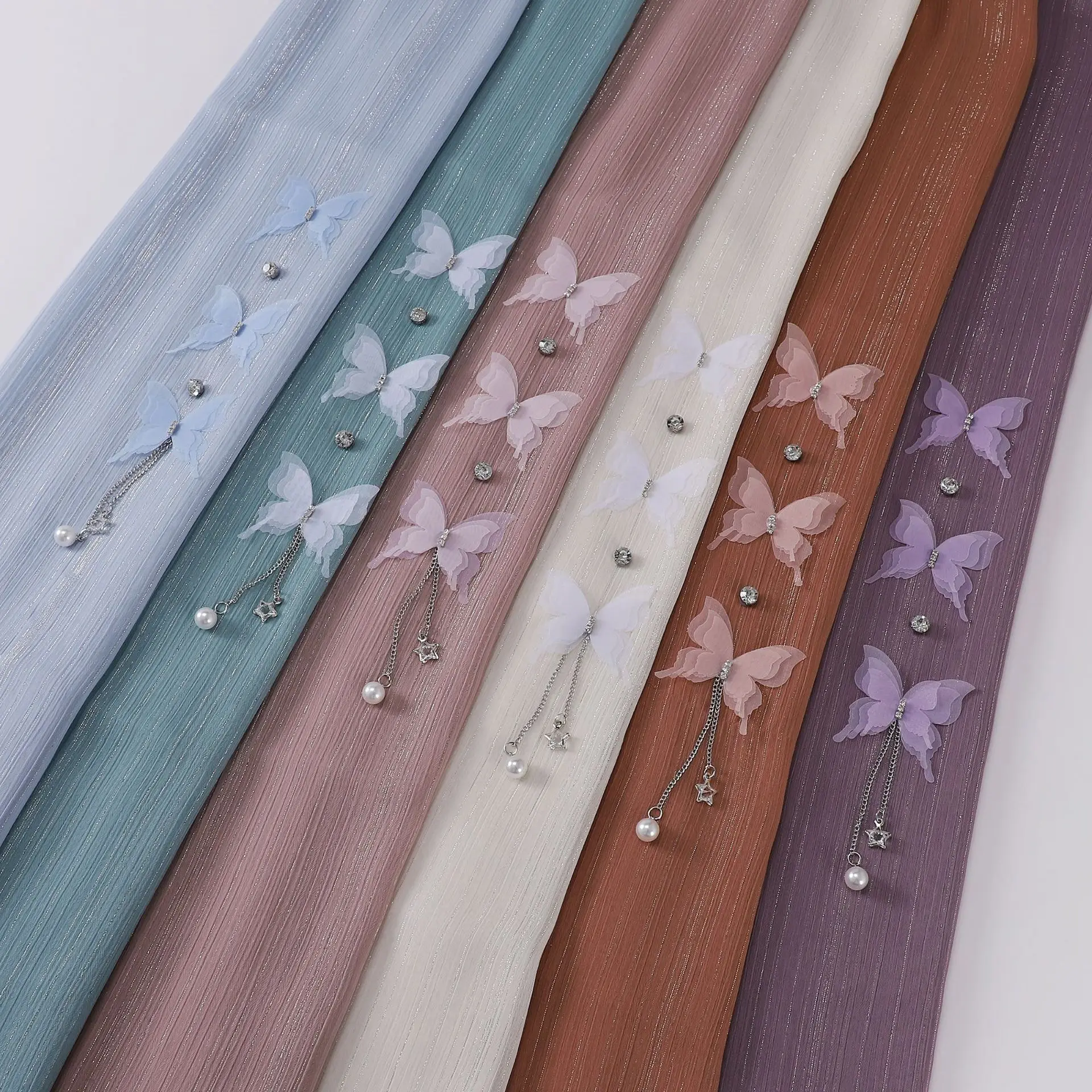 Luxury Shimmer Chiffon Muslim Hijab Butterfly Accessories Pearl Pendant Silver Wire Scarf Wrap Islamic Turban Hijab for Women muslim headwear head scarf hijab headscarf