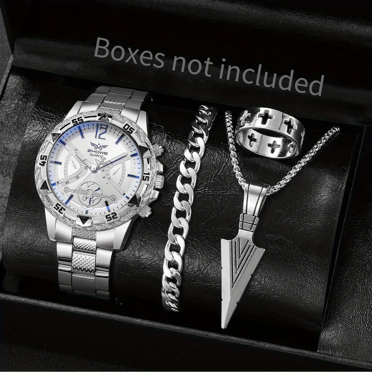 4pcs Fashion Mens Watch Casual Gold Strap