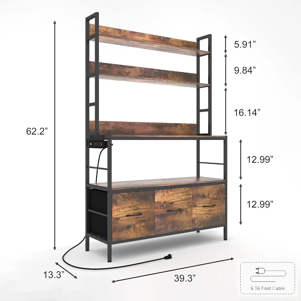 5-Tier Free Standing Bakers Rack with Power Outlet, Metal Kitchen Storage Shelf Organizer with Hooks and Baskets, Industrial Mic 2