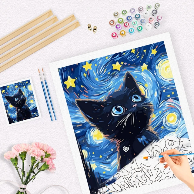 RUOPOTY peinture par numéros sur toile avec cadre chat abstrait dessiné à la main mignon dessin animé cadre photo acrylique dessin toile Kits 2