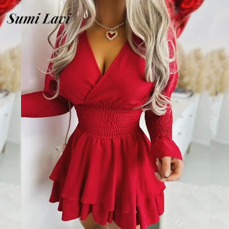 

Женское однотонное платье-трапеция с длинным рукавом, V-образным вырезом и поясом на резинке