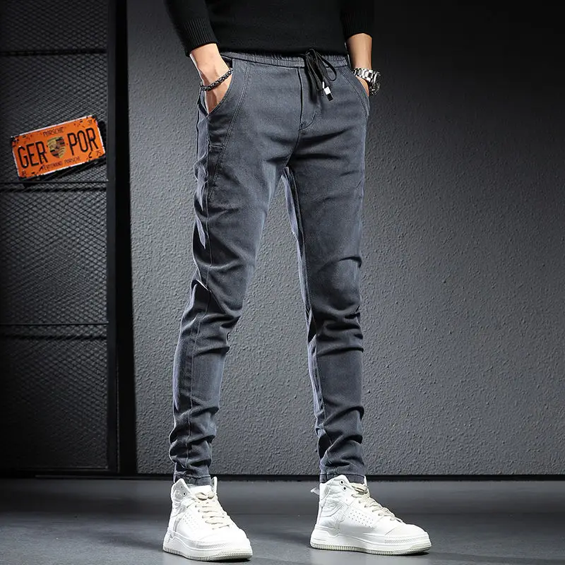 Autumn winter elastic waist thicken fleece men's Slim fit small feet Korean fashion casual Long pants men jeans mens jeans jeans trousers denim trousers elastic jeans mens casual trousers