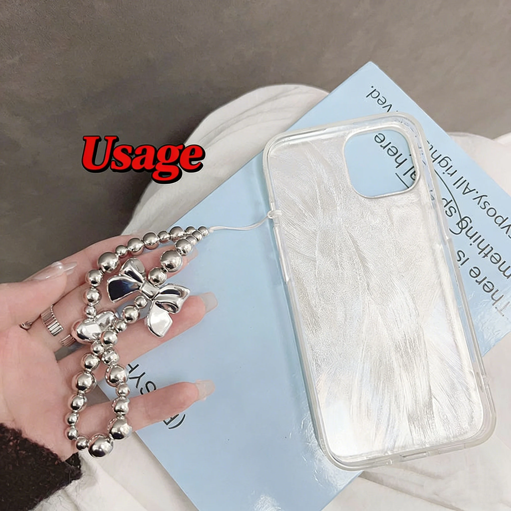 Stylish Silver Electroplated Beaded Phone Chain with Heart and Bow Charms Wrist Strap Lanyard