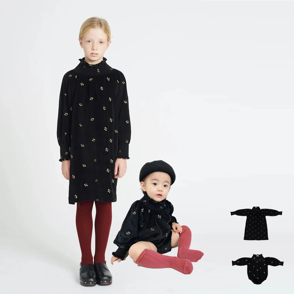 Autumn and winter New bebe-organic Kids Velvet Dress Newborn Birthday Party Velvet jumpsuit Children Long-sleeved dress Baby hat