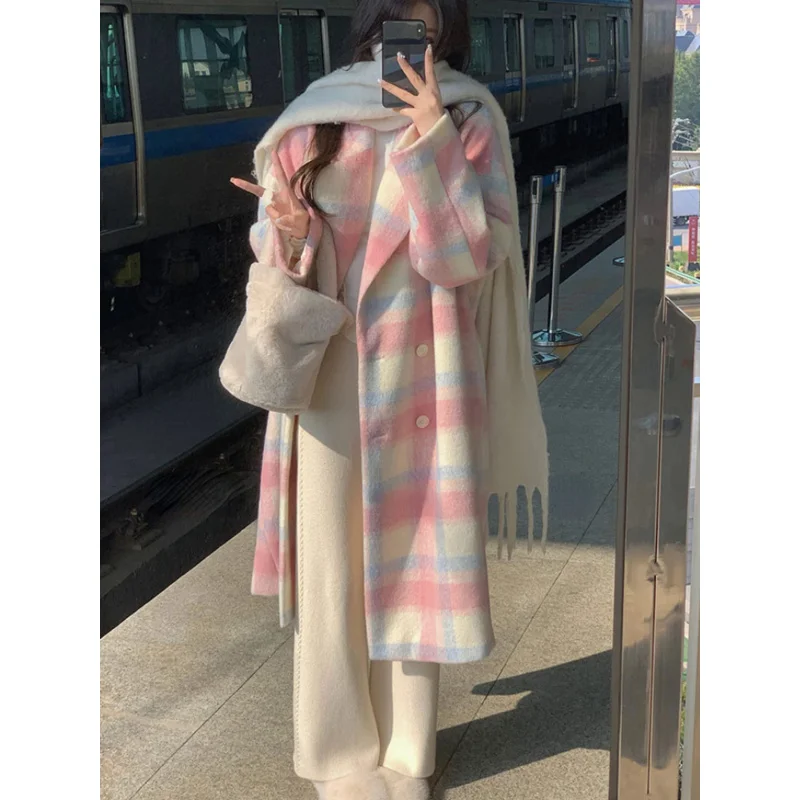 

Sandro Rivers 2023 Winter Rainbow Woollen Coats Women Casual Warm Loose Plaid Long Coats Female Korean Fashion Office Lady Trenc
